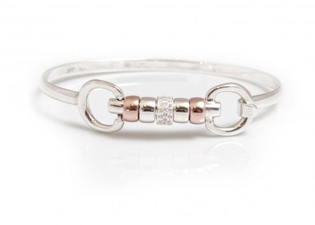 HiHo Silver HiHo Silver Sterling Silver & 18ct Rose Gold Plated Cherry Roller Snaffle Bangle - Single Clear Crys