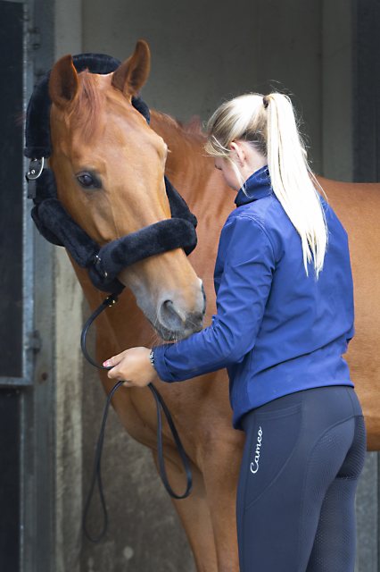 Women attending to horse